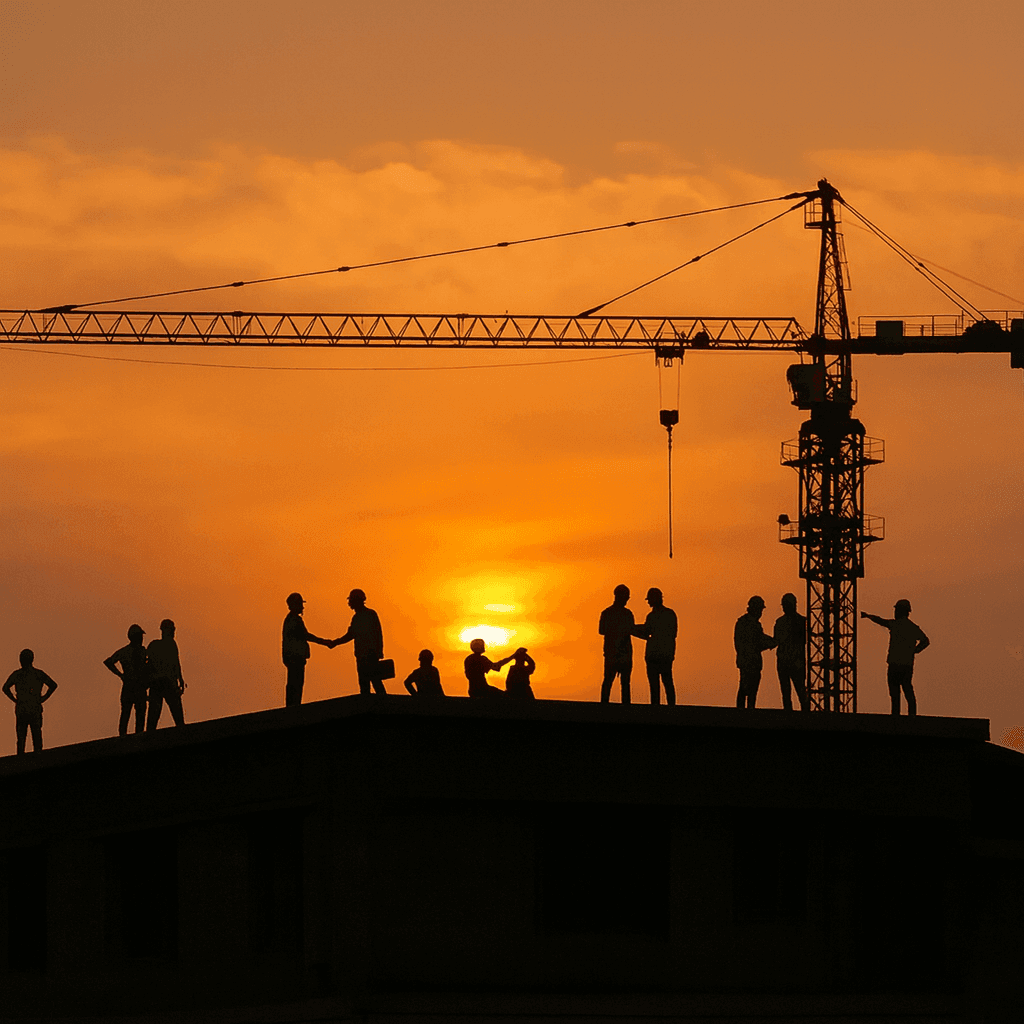 Construction workers at sunset